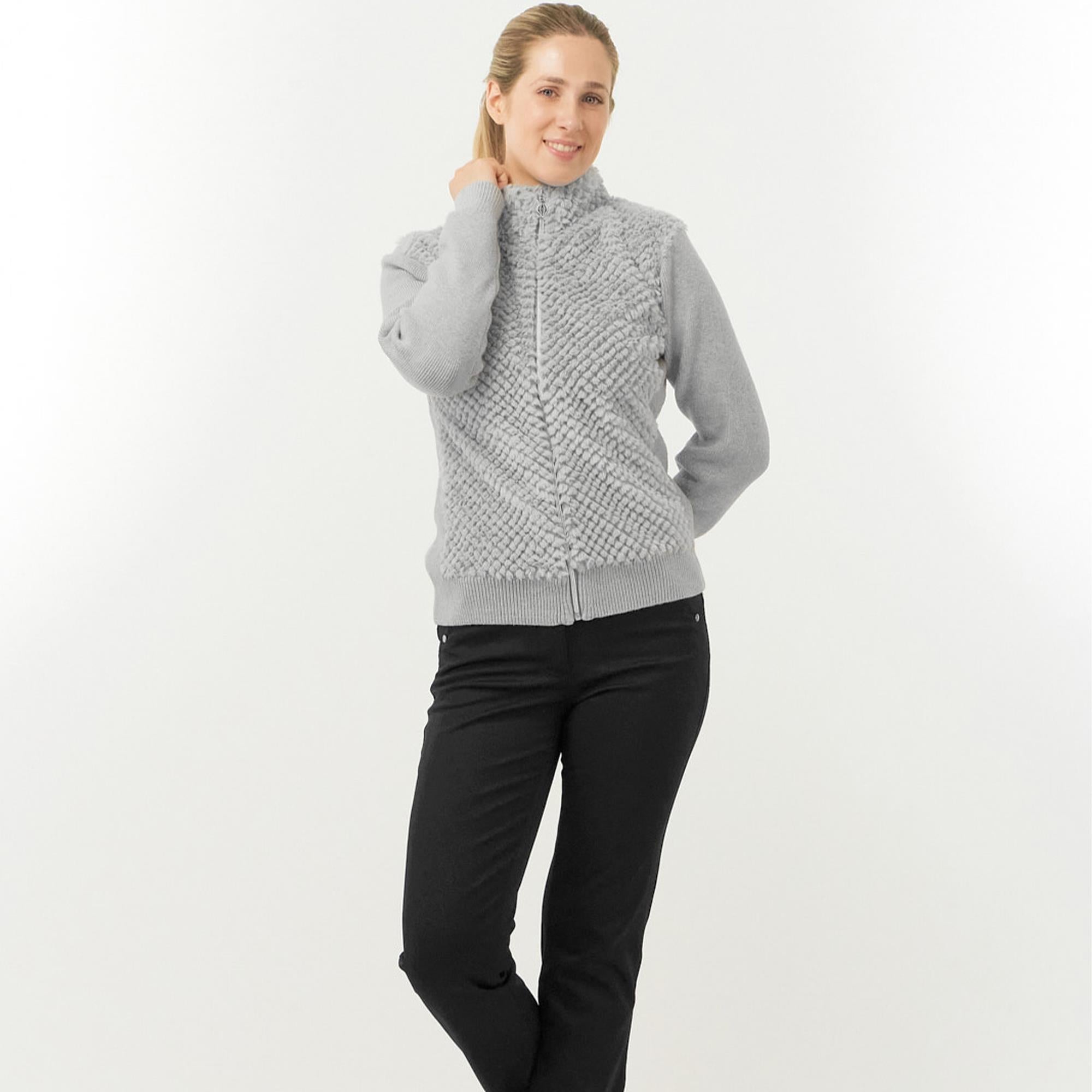 Pure Golf Ellisa Knitted Faux Fir Front Ladies Golf Mid Layer Pale Grey